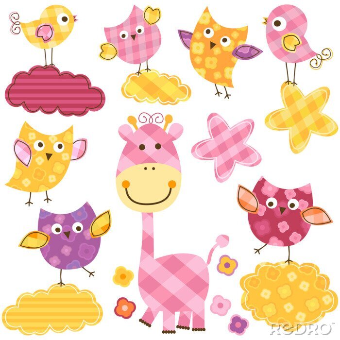 Tapete niedlichen Vögeln und Giraffen