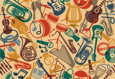 Tapete Noten und Instrumente bunt Vintage