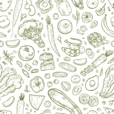 Tapete Obst und Gemüse grün skizziert