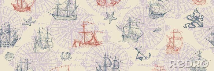Tapete Old caravel, vintage sailboat. Hand drawn vector sketch. Vector seamless pattern