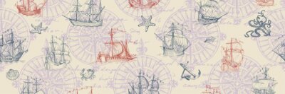 Tapete Old caravel, vintage sailboat. Hand drawn vector sketch. Vector seamless pattern