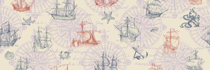 Tapete Old caravel, vintage sailboat. Hand drawn vector sketch. Vector seamless pattern