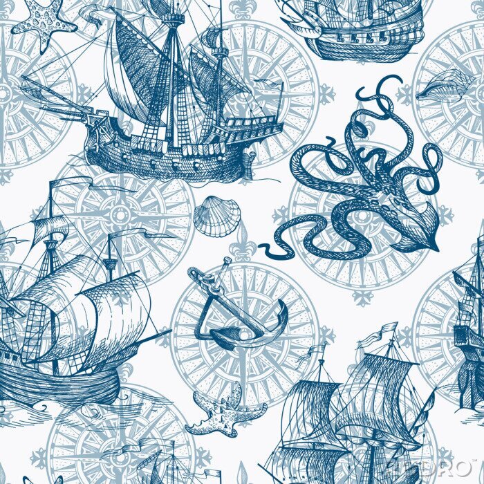 Tapete Old caravel, vintage sailboat, sea monster. Vector seamless pattern