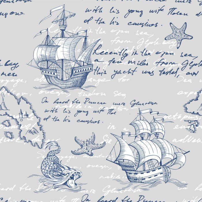 Tapete Old caravel, vintage sailboat, sea monster. Vector seamless pattern