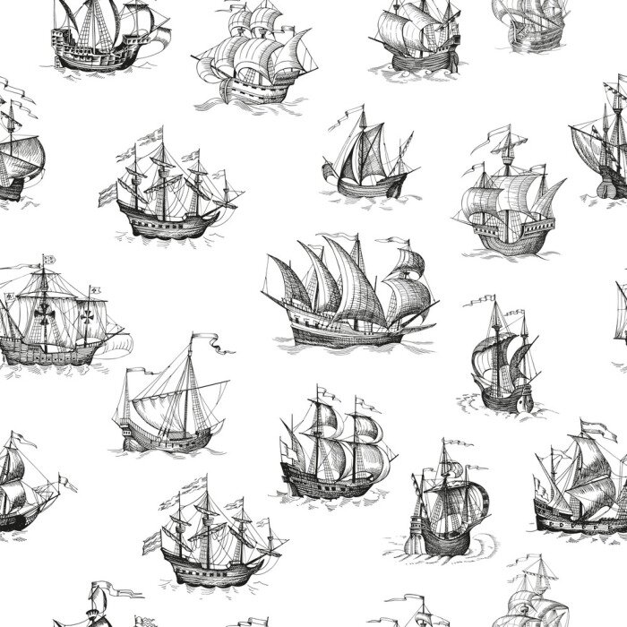 Tapete Old caravel, vintage sailboat. Vector seamless pattern