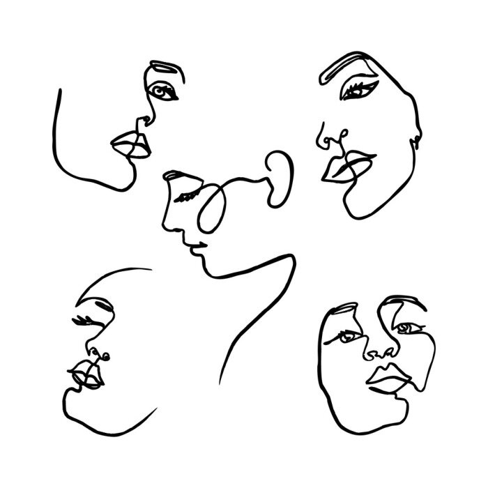 Tapete One Line drawing of set Woman's Face. Continuous line Portrait of a girl In a Minimalist Style. Vector Illustration.