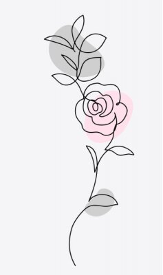 Sticker One line drawing. Ornament with garden rose and leaves. Hand drawn sketch. Vector illustration.
