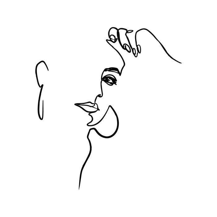 Tapete One Line Woman's Face and Hand. Continuous line Portrait of a girl In a Modern Minimalist Style. Vector Illustration young female. For printing on t-shirt, Web Design, beauty Salons, Posters