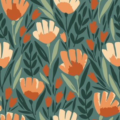 Tapete Orangefarbene Blumen auf grünem Hintergrund