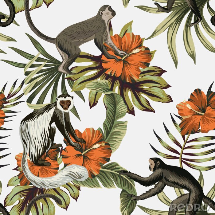 Tapete Orangefarbene Blumen und Tiere auf weißem Hintergrund
