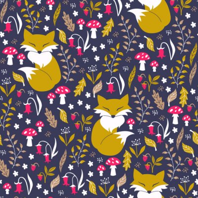 Tapete Orangefarbene Fliegenpilze und Pflanzen