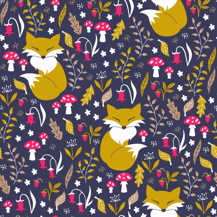 Tapete Orangefarbene Fliegenpilze und Pflanzen