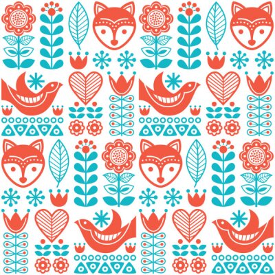 Tapete Orangefarbene Vögel und Füchse mit blauen Pflanzen