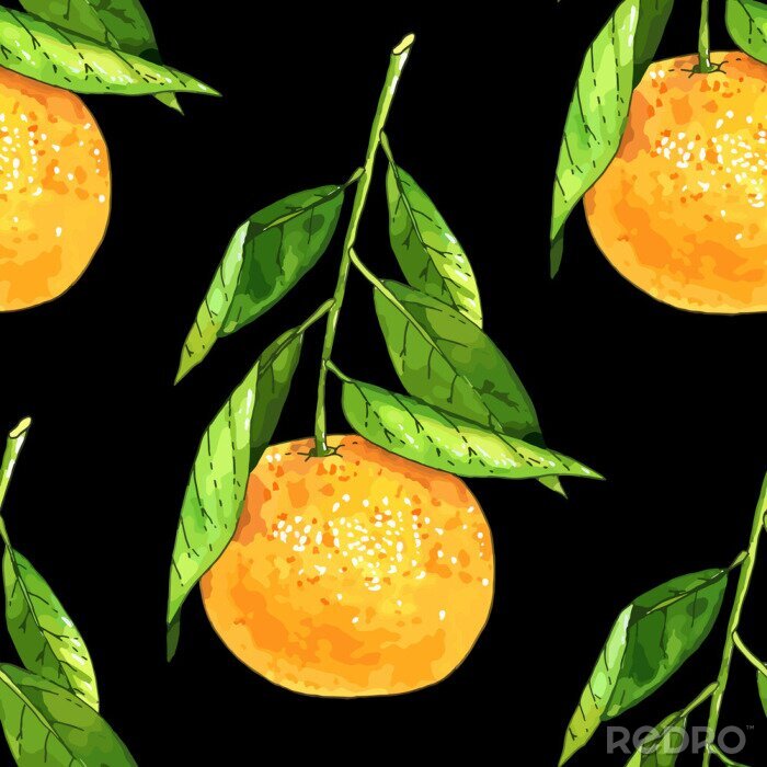 Tapete Orangen mit Blättern auf schwarzem Hintergrund