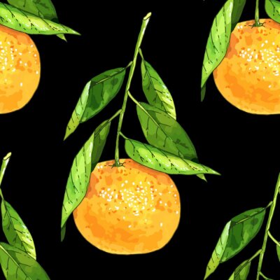 Tapete Orangen mit Blättern auf schwarzem Hintergrund