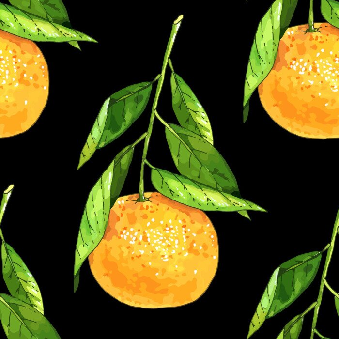 Tapete Orangen mit Blättern auf schwarzem Hintergrund