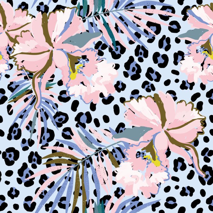 Tapete Orchideen und bunte Palmenblätter