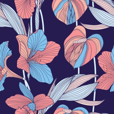 Tapete Orchideen und Lilien im grafischen Stil