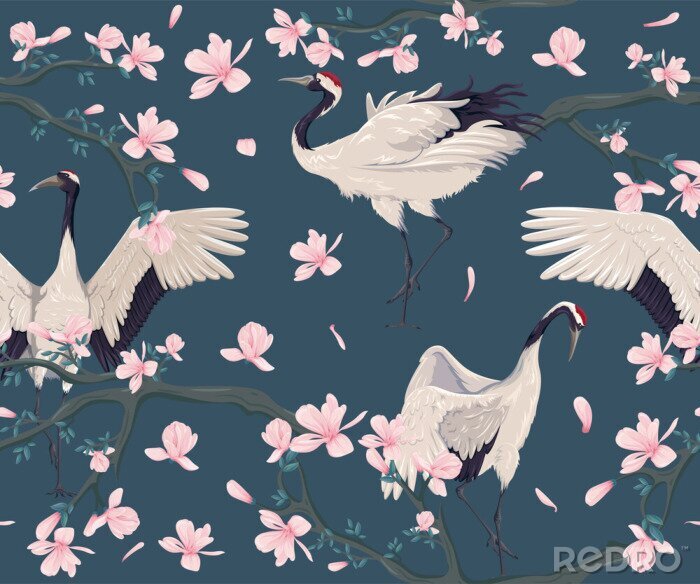 Tapete Orientalische japanische Kräne und rosa Blumen