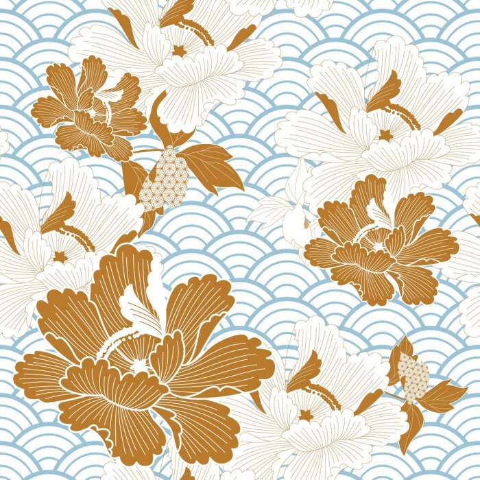 Tapete Orientalische japanische Welle und orangefarbene Blumen