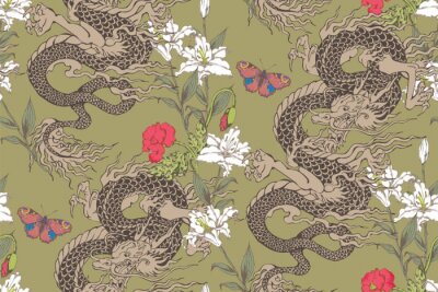 Tapete Orientalischer Stil mit asiatischen Drachen und Blumen