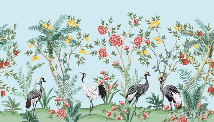 Tapete Orientalisches Symbol mit Vögeln