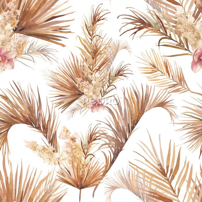 Tapete Palm tree leaves texture with orchid. Seamless pattern with floral watercolor illustrations. Exotic floral ornate on white background.