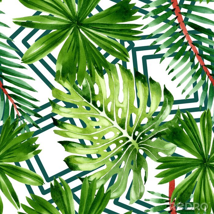 Tapete Palme Strandbaum verlässt Dschungel botanisch. Aquarellhintergrundillustrationssatz. Nahtloses Hintergrundmuster