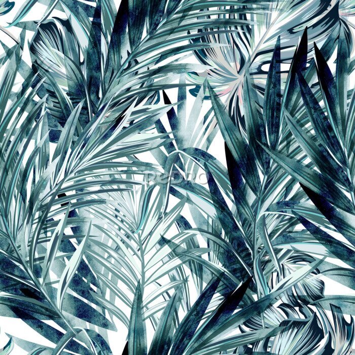 Tapete Palmenblätter mit Aquarellfarben gemalt auf weißem Hintergrund