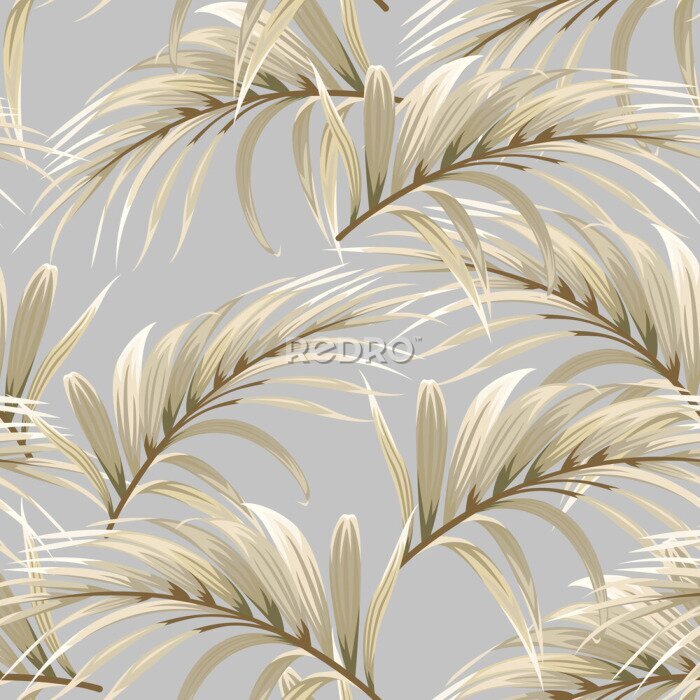 Tapete Palmenblatt in Goldtönen auf grauem Hintergrund