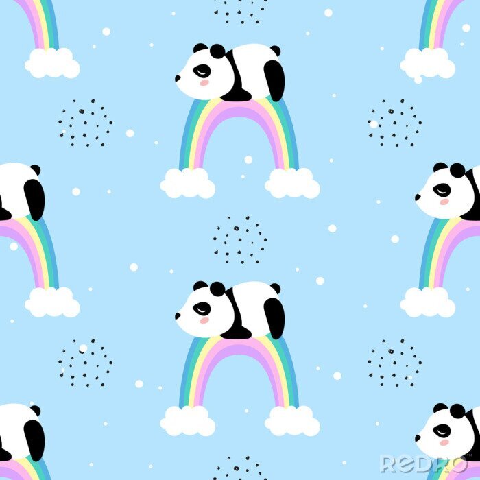 Tapete Panda auf einem bunten Regenbogen