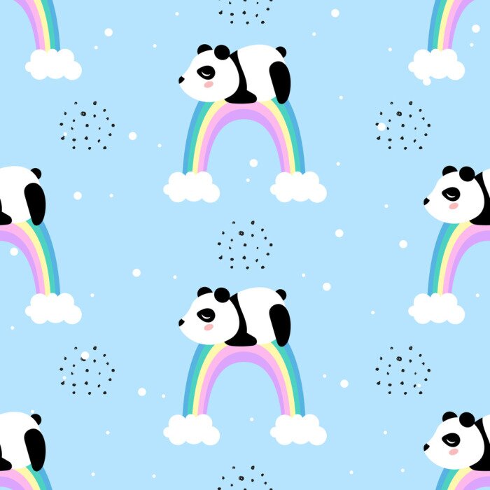 Tapete Panda auf einem bunten Regenbogen