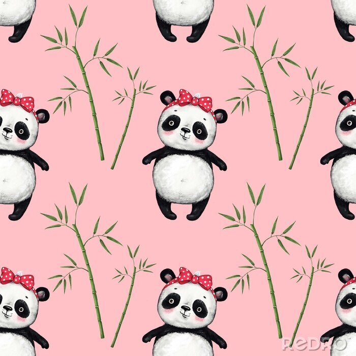 Tapete Panda- und Bambusblätter auf rosa Hintergrund