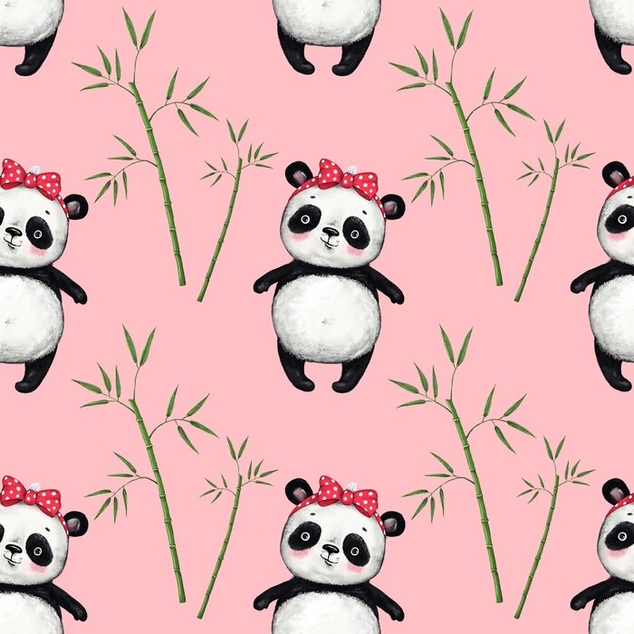 Tapete Panda- und Bambusblätter auf rosa Hintergrund