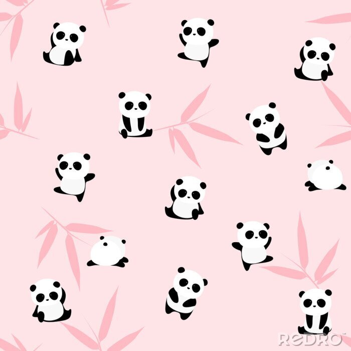 Tapete Panda zwischen rosa Bambusblättern
