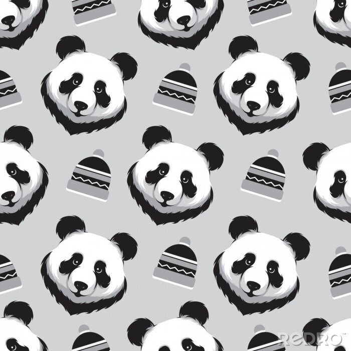 Tapete Pandabären auf grauem Hintergrund mit Hüten