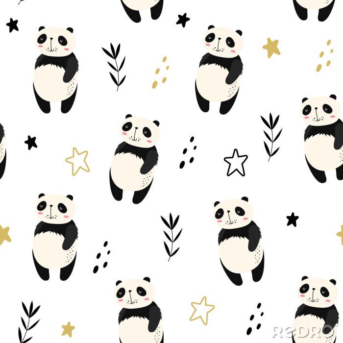 Tapete Pandas am Sternenhintergrund im skandinavischen Stil