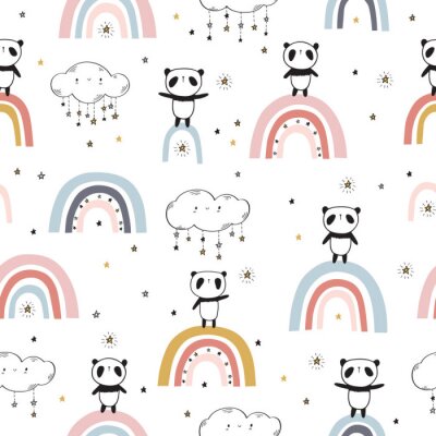 Tapete Pandas auf bunten Regenbögen zwischen den Wolken
