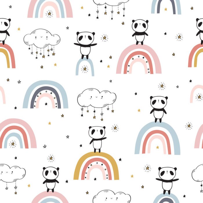 Tapete Pandas auf bunten Regenbögen zwischen den Wolken