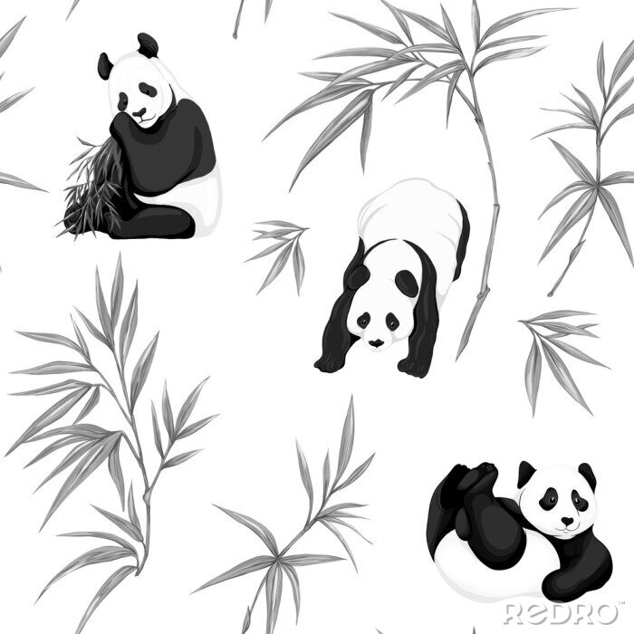Tapete Pandas und Bambuszweige schwarz-weißes nahtloses Muster
