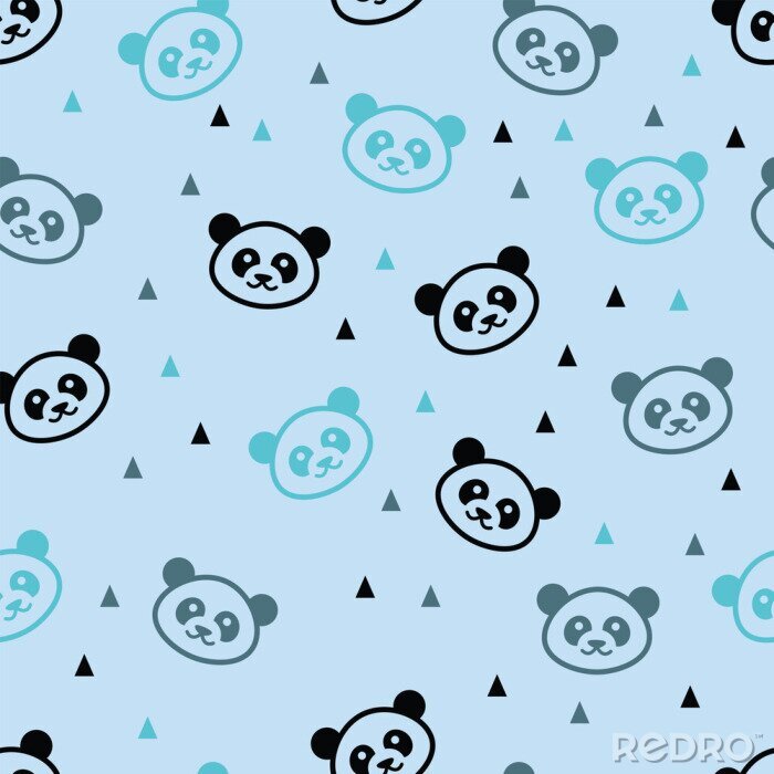 Tapete Pandas und Dreiecke auf blauem Hintergrund