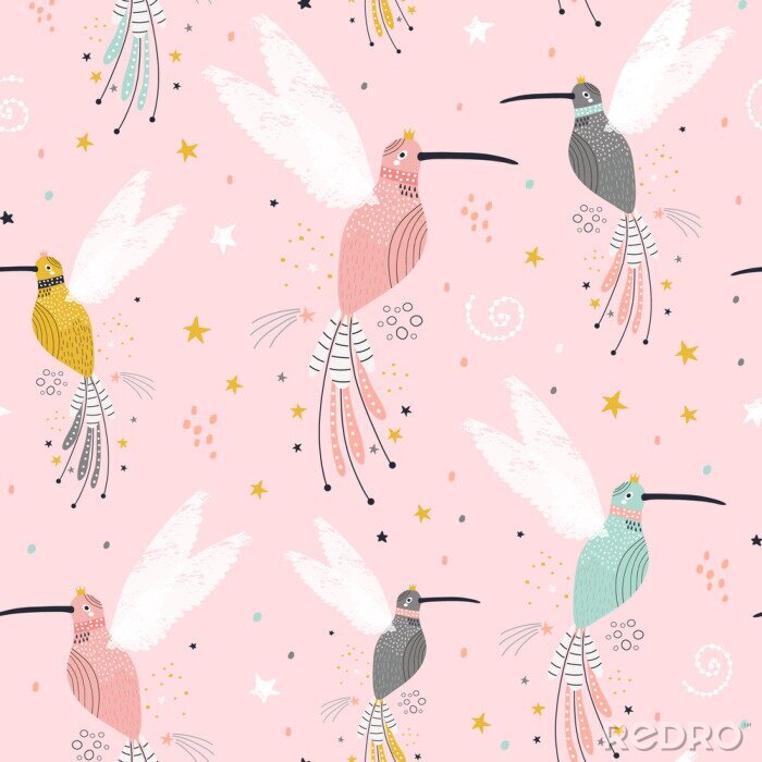 Tapete Paradiesvögel am rosa Hintergrund