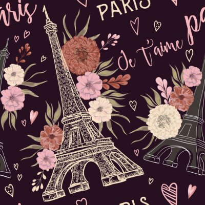 Tapete Paris. Jahrgang nahtlose Muster mit Eiffelturm, Herzen und floralen Elementen in Aquarell-Stil. Retro Hand gezeichnet Vektor-Illustration