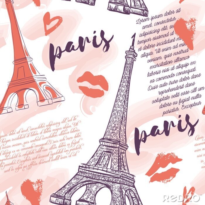 Tapete Paris. Jahrgang nahtlose Muster mit Eiffelturm, Küsse, Herzen und Aquarell spritzt. Retro Hand gezeichnet Vektor-Illustration.