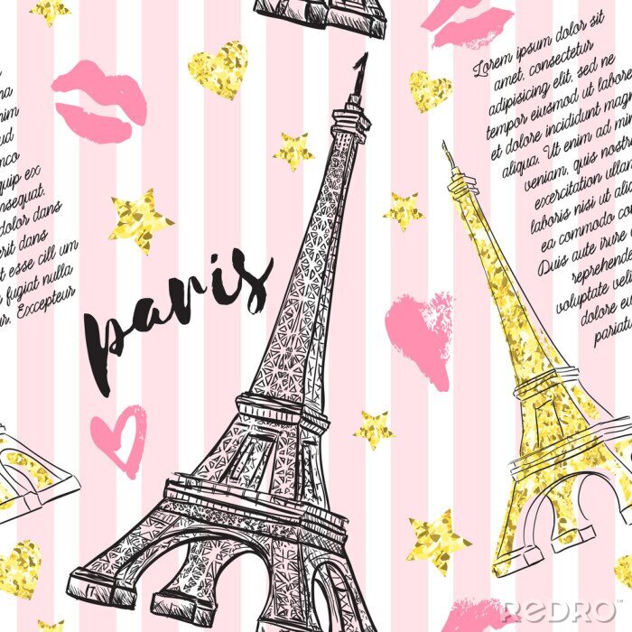 Tapete Paris. Jahrgang nahtlose Muster mit Eiffelturm, Küsse, Herzen und Sterne mit goldenen Glitter Folie Textur auf gestreiften Hintergrund. Retro Hand gezeichnet Vektor-Illustration