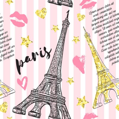 Tapete Paris. Jahrgang nahtlose Muster mit Eiffelturm, Küsse, Herzen und Sterne mit goldenen Glitter Folie Textur auf gestreiften Hintergrund. Retro Hand gezeichnet Vektor-Illustration