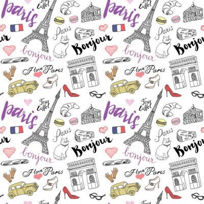 Tapete Paris nahtlose Muster mit Hand gezeichnete Skizze Elemente - Eiffelturm Triumph Bogen, Modeartikel. Zeichnung doodle Vektor-Illustration, isoliert auf weiß