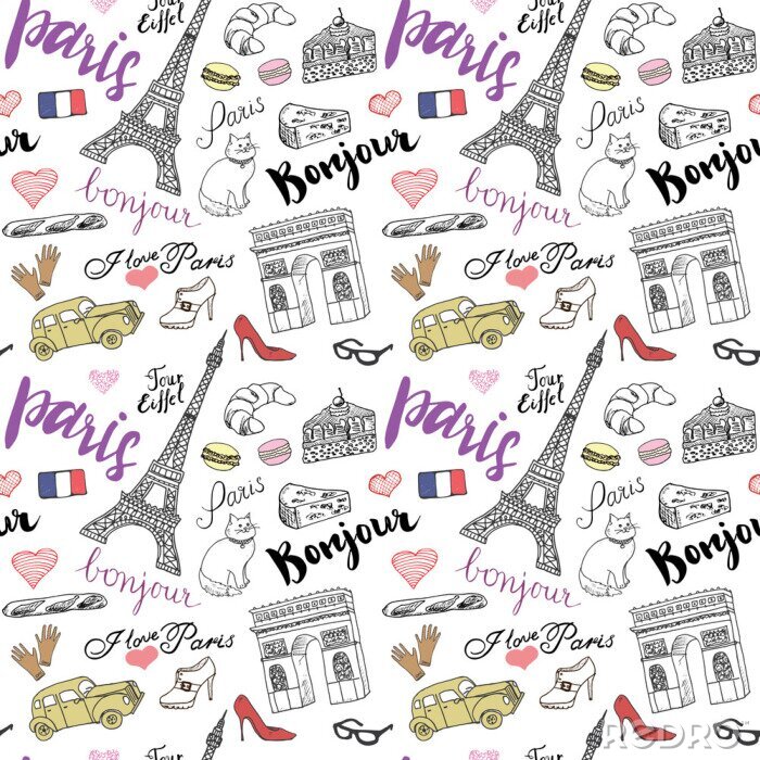 Tapete Paris nahtlose Muster mit Hand gezeichnete Skizze Elemente - Eiffelturm Triumph Bogen, Modeartikel. Zeichnung doodle Vektor-Illustration, isoliert auf weiß