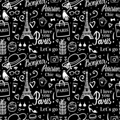 Tapete Paris shopping white and black seamless pattern. Eiffel tower woman tourism tour with a shop concept. Elegant hand drawn style.
