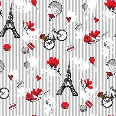 Tapete Paris symbols seamless pattern. Romantic travel in Paris. Magnolia blossom, eiffel tower, bicycle, balloons.